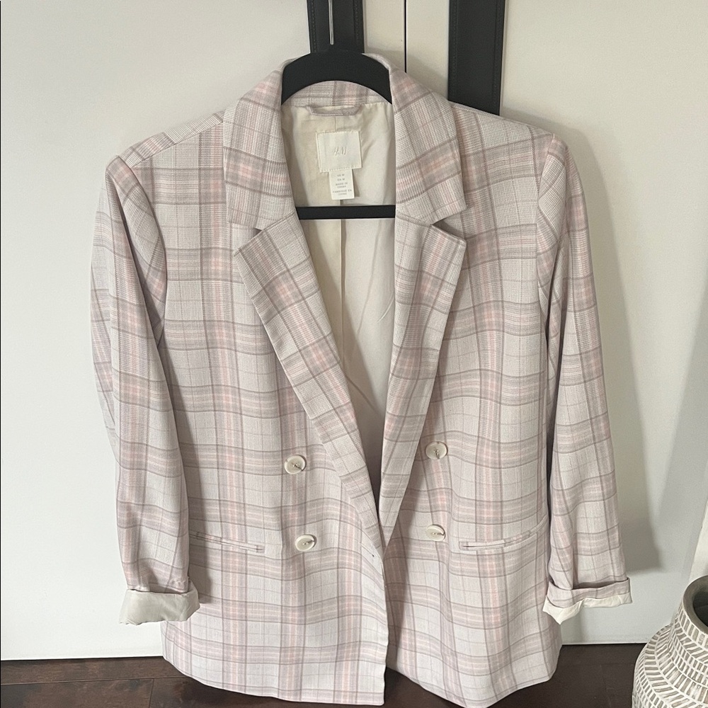 H&M Pink and Gray Plaid Blazer